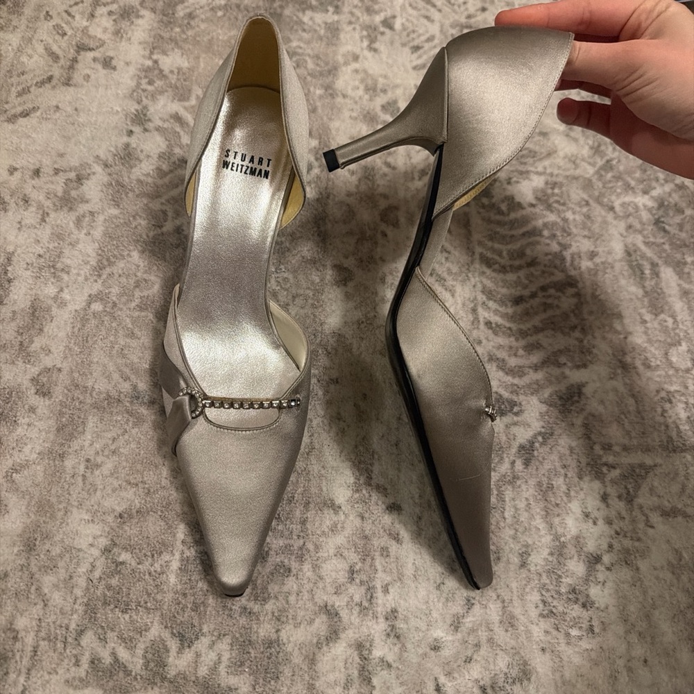 Stuart Weitzman Silver Satin D’orsay Kitten Heels